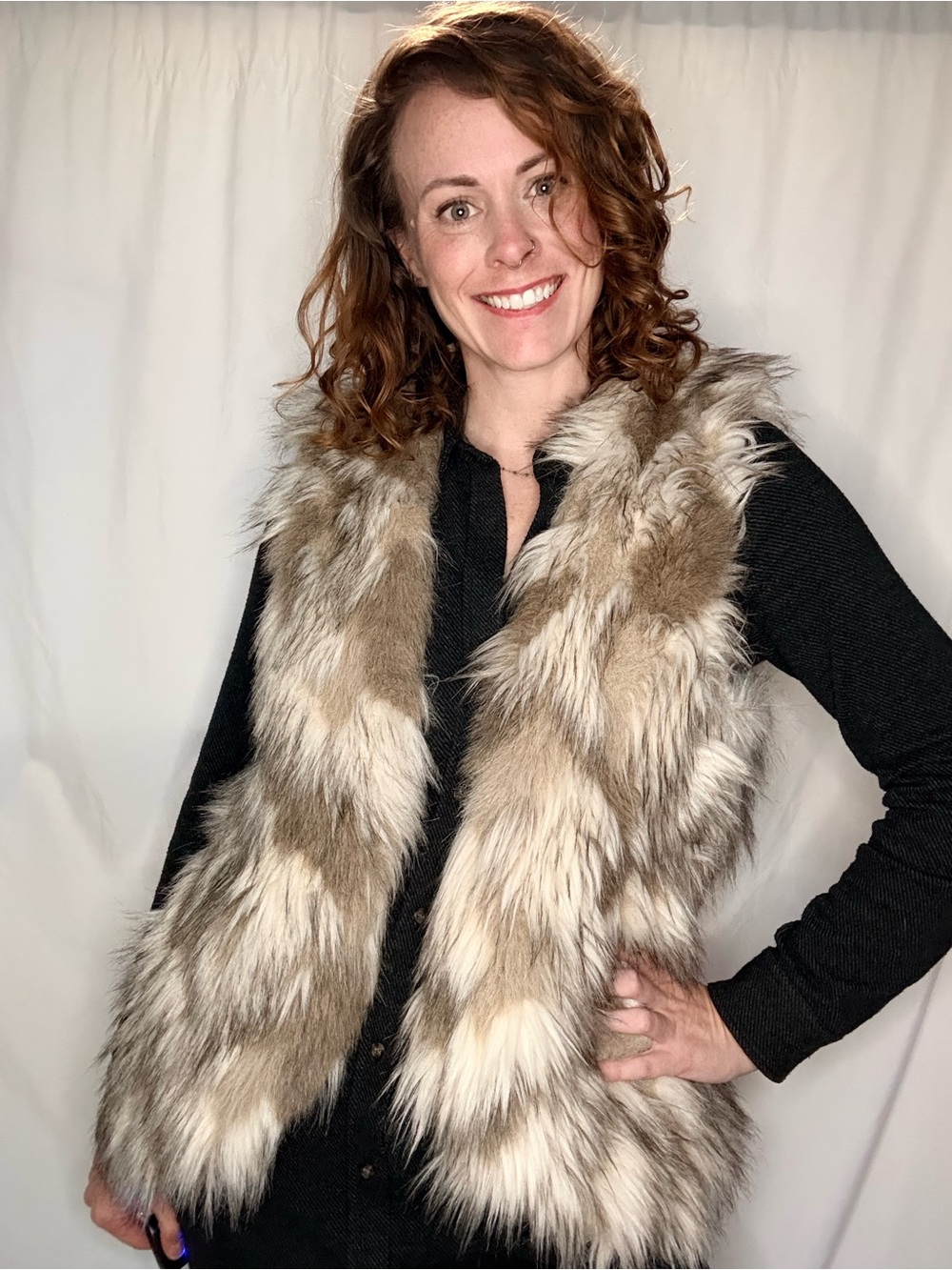 Free People Faux Fur Vest in Mixed Brown and Cream Tones